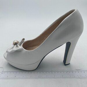 White Bow Pearl Peep Toe Pumps Chunky Heel Slip On Evening Dress Dance Shoes
